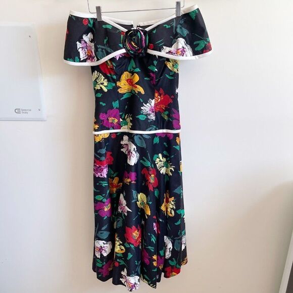Ann Hobbs For Cattiva Vintage 80s Floral Off Shoulder Maxi Dress Size 8 - Picture 1 of 11